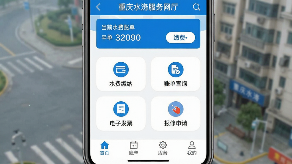 ͼƬչʾ����ˮ���������APP�����������棬�����������ֻ���Ļ�Ŵ�չʾ����Ļ��������ʾ������ˮ�����������������Ӧ����ҳ������Ϊ������ɫ�����ʾ��ǰˮ���˵����ͽɷѰ�ť���м����ĸ�Բ�ǹ���ͼ��ֱ�Ϊ��ˮ�ѽ��ɡ������˵���ѯ���������ӷ�Ʊ�������������롱���ײ�����������ҳ���˵��������ҵ��ĸ�ѡ���������ִ���࣬������ɫ����ƽ�����ͼ��ϸ������������ɾ��޶���Ԫ�أ����ʸ��塣