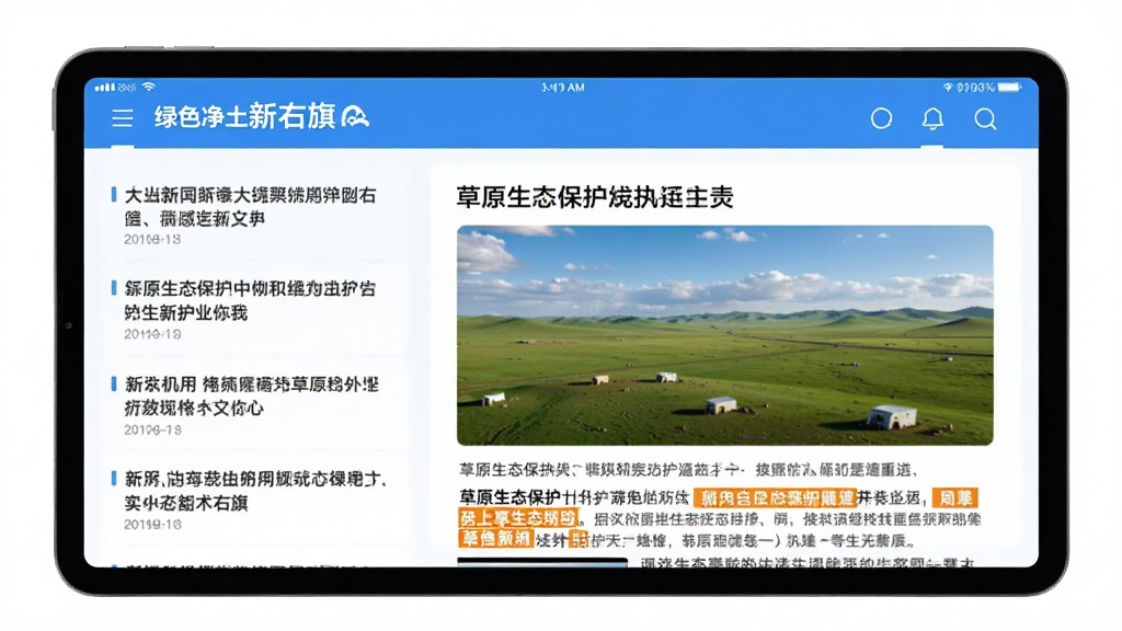 一部平板电脑横屏展示“绿色净土新右旗”App的资讯页面,页面以蓝白色为主调,左侧是新闻标题列表,右侧是详细内容区,一篇关于草原生态保护的文章配有大草原实景图,文字段落有橙色重点标记,界面规整清晰,画质干净无多余元素