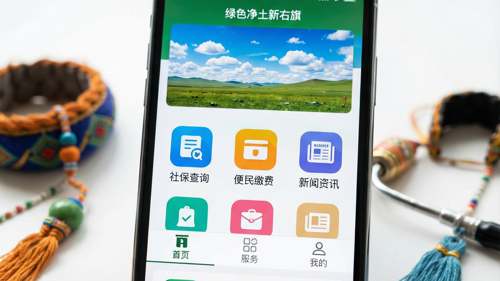 一张智能手机屏幕特写,屏幕中显示名为“绿色净土新右旗”的App主界面,界面风格简洁清晰,顶部有蓝天白云草原的横幅,中间展示“社保查询”、“便民缴费”、“新闻资讯”等彩色功能图标,下方为首页、服务、我的三个选项卡,手机周围散落着蒙古族元素的小物件,背景虚化处理,整体画质干净明亮,无多余元素
