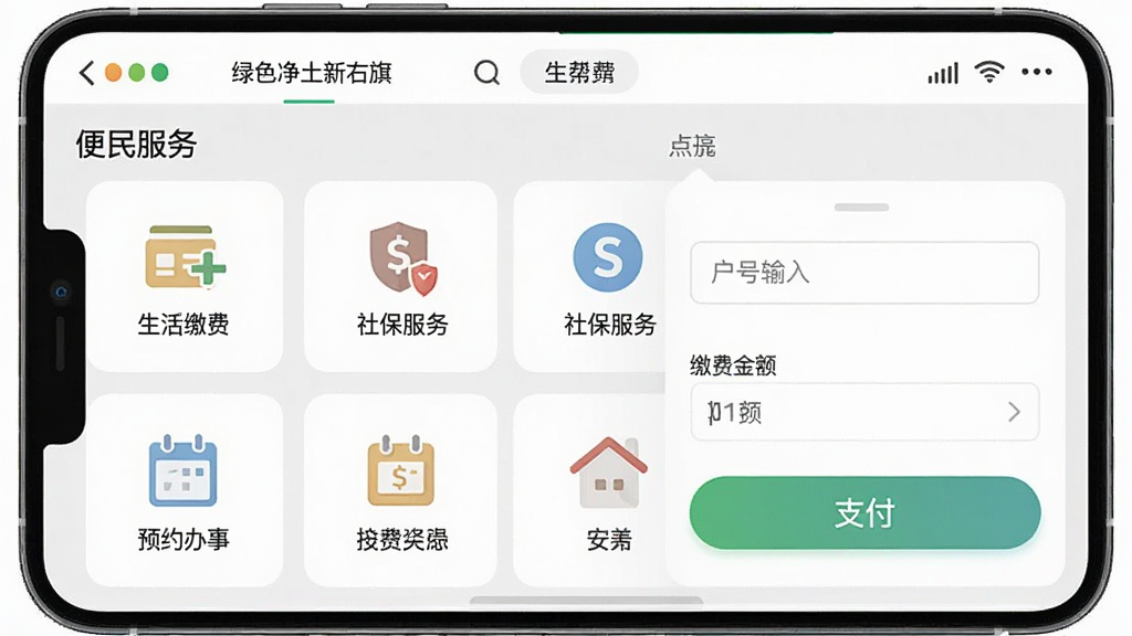 手机应用界面截图风格的图片,展示“绿色净土新右旗”App的“便民服务”板块,背景为简洁的浅灰色,上面整齐排列着“生活缴费”、“社保服务”、“预约办事”等大图标卡片,点击“生活缴费”后展开一个表单,包含户号输入框和缴费金额,旁边有支付按钮,整体界面扁平化设计,色彩柔和,画质干净
