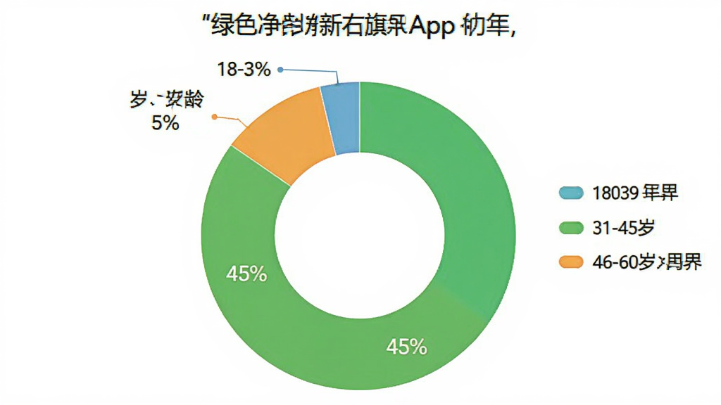 一个圆环图,显示“绿色净土新右旗”App的用户年龄分布:18-30岁占20%,31-45岁占45%,46-60岁占30%,60岁以上占5%,图表颜色清新,有图例说明,画面干净无多余元素