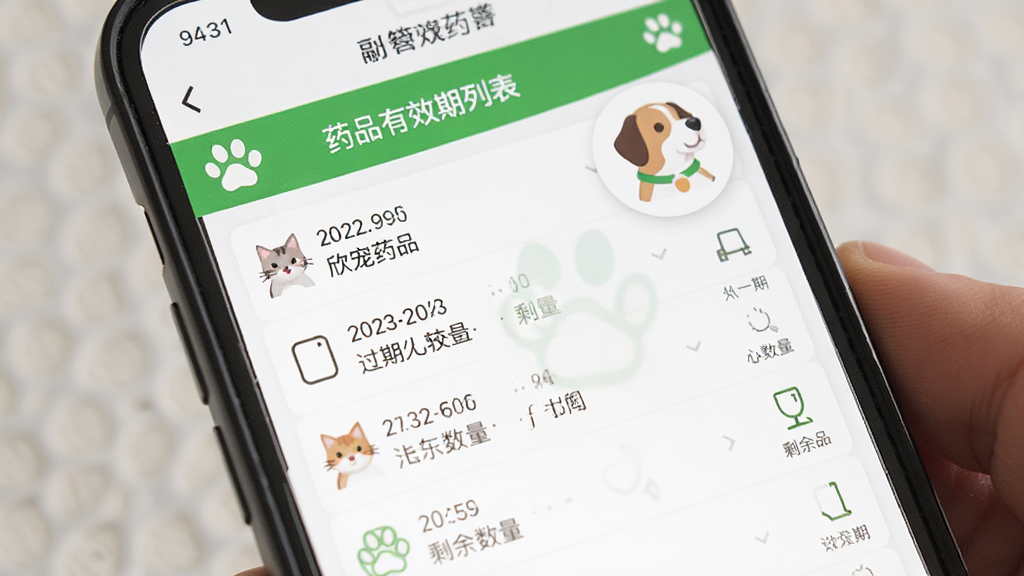 �û�����ʹ���ֻ��鿴������ҩƷ���ڵ�ҩƷ��Ч���б����ֻ���Ļ��ʾ����ҩƷ�Ĺ������ں�ʣ���������Ա��г���è��ͷ���ͼ�꣬��������ܰ������дʵ��Ƭ�����ɫ��Ϊ��ɫ����ɫ������ɾ���ͻ�������������ܣ����������޶���Ԫ��