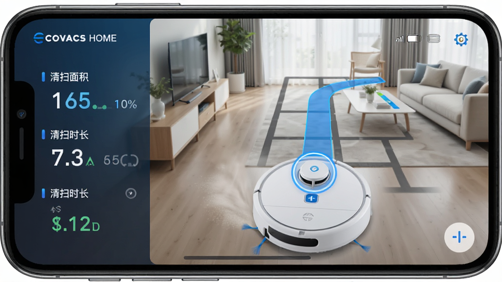 һ��չʾECOVACS HOMEʵʱ��ɨ״̬������ֻ���ͼ����Ļ����ʾɨ�ػ��������ڿ���������ɨ����ͼ����һ����ɫ����ɨ·���������˵�λ�ñ�һ��Բ��ͼ�������ʾ������С���ɨ�����������ɨʱ������ʵʱ���ݣ�����Ƽ���ǿ����ɫ���£����ʸɾ���