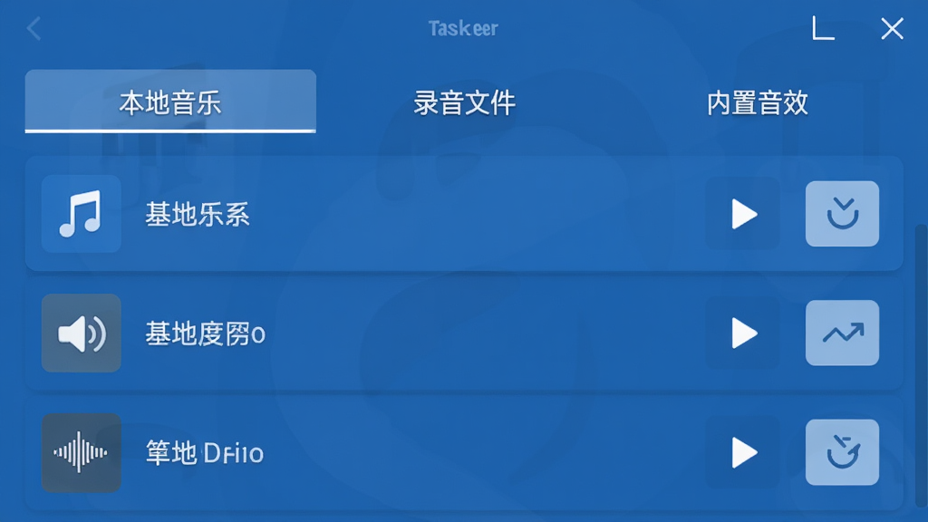 tasker�����ʾ��Ӧ�õ�����ѡ����棬�������С��������֡�����¼���ļ�������������Ч�����������ǩ���·��б���ʾ�����Ƶ�ļ����ƣ�ÿ���ļ��Ҳ��в��ź�ѡ��ť����������ɫΪ��ɫ����ͼ������ִ������ʸɾ����޶���Ԫ��