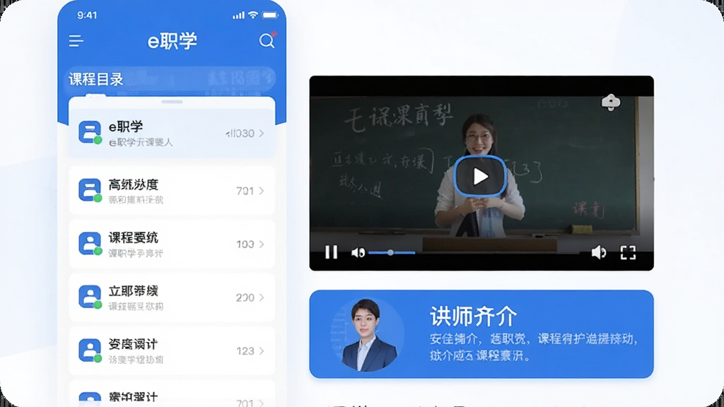 ����һ��չʾeְѧApp�γ�����ҳ��ͼƬ��ҳ������γ�Ŀ¼�б�����Ƶ��������ͽ�ʦ��鿨Ƭ�����岼����������Ϣ�㼶�����������App����һ�£���������ɫ�����ʸɾ�ϸ�塣