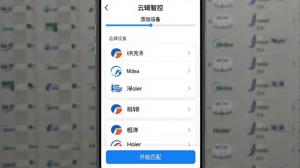 һ�š��Ƽ��ǿء�App�����豸�����̽����ͼ����Ļ����ʾѡ��Ʒ���б����������������ġ������ȣ�ÿ��Ʒ���Ա��ж�Ӧ��Logoͼ�꣬�����������������С������豸�����������·���һ������ʼƥ�䡱����ɫ��ť������Ϊ����ɫ�����ʸɾ��޶���Ԫ��