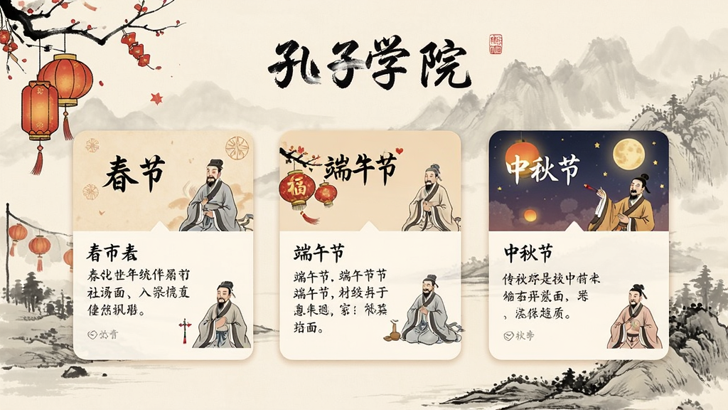 һ��չʾ������ѧԺ��APP�Ļ����Ľ��棬��Ļ��չʾһ���й�ˮī�����ı����������С����ڡ���������ڡ���������ڡ��Ƚ��տ�Ƭ�������չ����ϸͼ�Ľ��ܣ�����ë���ֱ���͹ŷ�廭������ɫ����ů���Ű����£�����ɾ���
