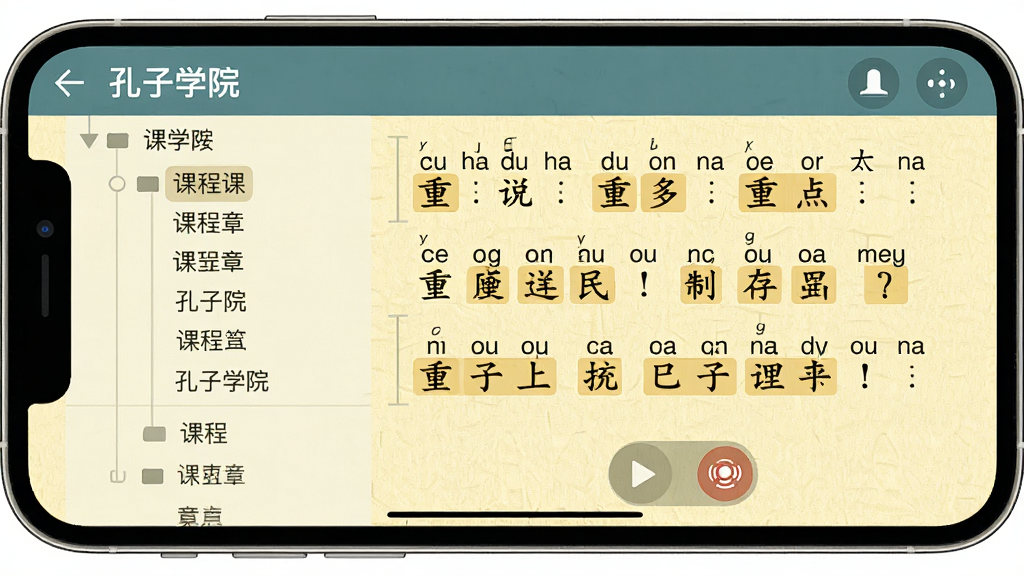 һ���ֻ�����ѧϰ���棬��ʾ������ѧԺ��APP�Ŀγ��б������Ϊ�γ��½���״Ŀ¼���Ҳ�Ϊ�������ݣ�����ƴ����ע���ص�ʻ����������Ϊ����ɫֽ�����������в��ź�¼����ť�������������ǿ����ƽ��ƣ�ϸ�����������ʸɾ���