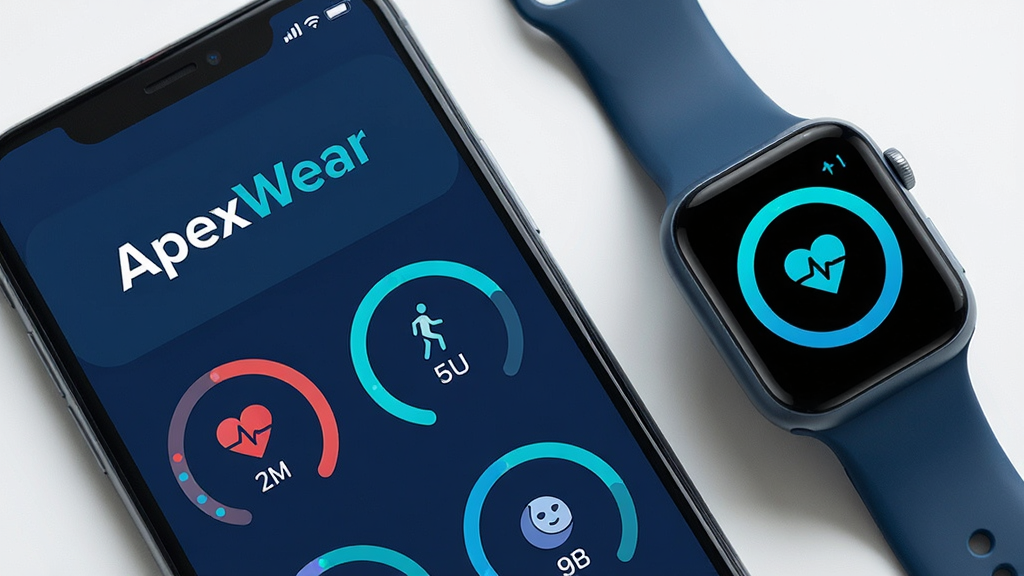һ�������ֻ���Ļ����д����Ļ��������ʾAPP���ơ�ApexWear����Ӣ��Logo��������������ɫ����ɫΪ��ɫ����չʾ�����ʡ�������˯�ߵ�Բ�������Ǳ��̣��ֻ��Ա߷�����һ�������������ֱ������߷��ͳһ����ͼ�ɾ����Ƽ������ִ���ƽ����Ʒ���ϣ����ʸ��壬�ɾ��޶���Ԫ�ء�