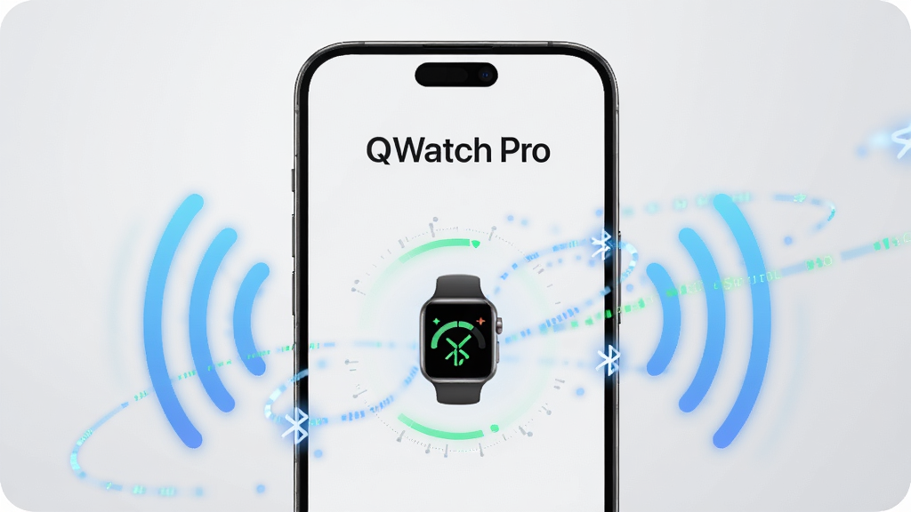 һ��չʾQWatch ProӦ��������ĸ�����Ⱦͼ������������һ��������QWatch Pro�������ֻ����ֻ���Ļ������ʾ�š�QWatch Pro�������Լ����ӳɹ��������ֱ�ͼ�꣬��Χ�����������źź�����ͬ���ĿƼ��й�Ч������Ϊ�ɾ���ǳ��ɫ���䣬������ִ������ʸɾ��޶���Ԫ�ء�