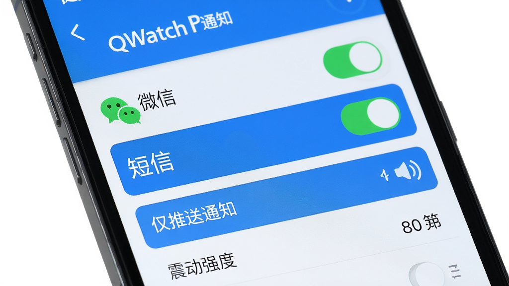 һ��QWatch Pro��֪ͨ������̨���棬�ֻ���Ļ����ʾ��Ӧ���б��Ͷ�Ӧ�Ŀ��ذ�ť�����С�΢�š��͡����š����ش��ڴ�״̬���������������������ɫ���б��������С�������֪ͨ��������ǿ�ȡ���ѡ���ǩ����������ֱ�ۣ����ʸ����޶���Ԫ�ء�