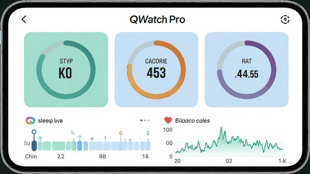 һ��QWatch Pro�Ľ�������ͳ�ƽ��棬��Ļ�Կ�Ƭ��ʽչʾ��������·������ʵ�Բ�ν��Ȼ����·���˯��ʱ�������������ͼ��ɫ���Ա����̺͵���ɫΪ��������Ϊ���ף����沼�����������ֱ�ע׼ȷ������Լ�ִ������ʸɾ��޶���Ԫ�ء�