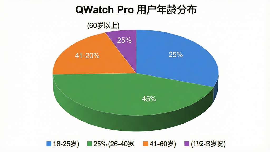 һ���������û�����ȱ�״ͼ������Ϊ��QWatch Pro�û�����ֲ�����ͼ����ʾ18-25��ռ��25%��26-40��ռ��45%��41-60��ռ��25%��60������ռ��5%����ɫΪ���̳�����ɫ��ͼ���·���ͼ����ע������Ϊ���ף����ʸɾ��޶���Ԫ�ء�
