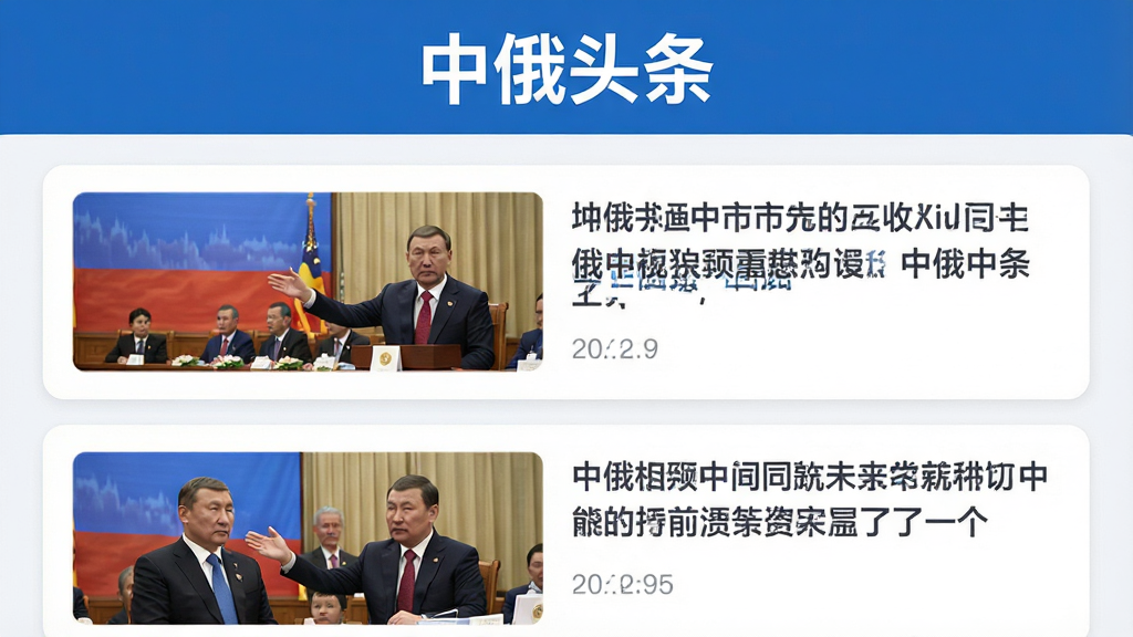 中俄头条APP主界面,顶部显示“中俄头条”四个字,中间是新闻信息流卡片,包含图片和标题,整体采用蓝白配色,风格简洁现代,界面整洁干净,无多余元素,扁平化设计,高清画质