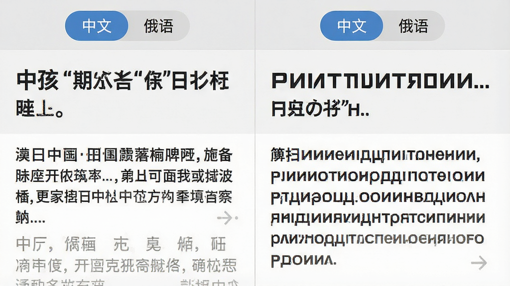 中俄头条APP的双语切换功能截图,界面左右分屏,左侧显示中文新闻,右侧显示俄语新闻,顶部有“中文”“俄语”切换按钮,背景为浅灰色,风格简洁,画质干净,无多余元素