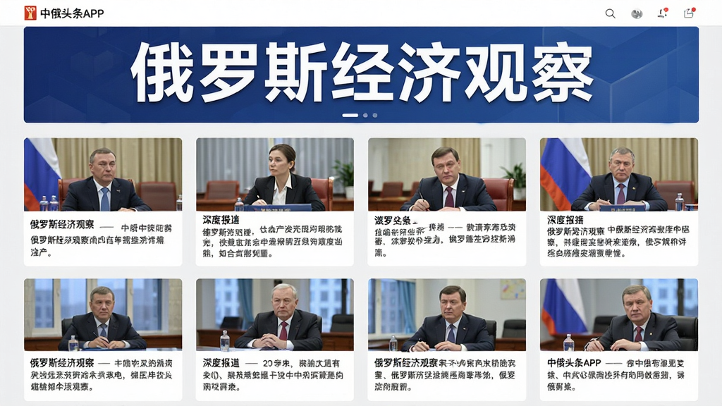 中俄头条APP的专题页面,顶部横幅写着“俄罗斯经济观察”,下方排列多篇深度报道卡片,配有图片和摘要,整体排版整齐,风格专业,画质清晰,无多余元素