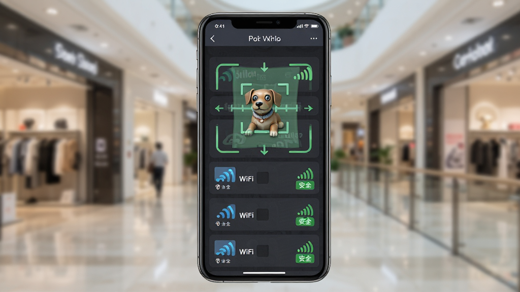 ����һ��ʾ��ͼ�������������ֻ���Ļ��ʾ����������ɨ�赽���WiFi�б���ÿ���ź������ź�ǿ��ͼ��͡���ȫ����ǩ��������ģ�����̳����������дʵ����������