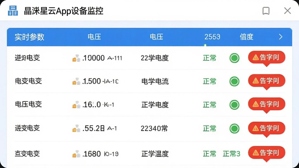 ��������App�豸���ҳ�棬��ʾ�����ʵʱ�����б���������ѹ�����¶���ֵ���Ա�����ɫ����״̬ͼ��ͺ�ɫ�澯��ʾ���ݣ���������������ɫ���б��Ű����룬���ʸɾ��޶���Ԫ��
