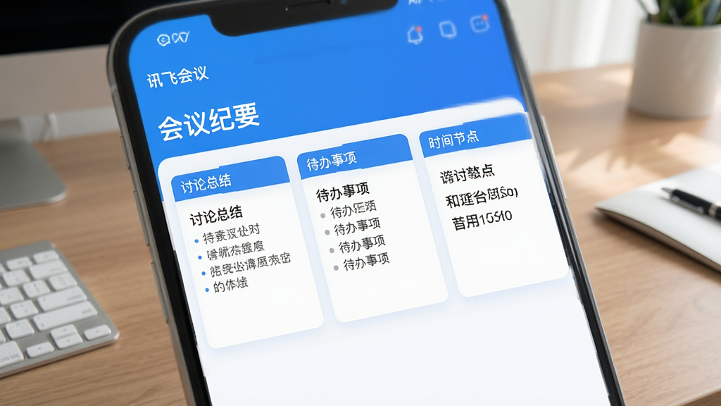 һ�š�Ѷ�ɻ��顱APP�ļ�Ҫ���ɽ��棬��Ļ�Ϸ��ǡ������Ҫ�����⣬�·���Ϊ�������ܽᡱ�����������ʱ��ڵ㡱������Ƭģ�飬ÿ�ſ�Ƭ���м�������Ҫ�㣬����Ϊ�ɾ��İ칫���棬UI��ˬ�����׷�񣬻���ϸ���޶���Ԫ��