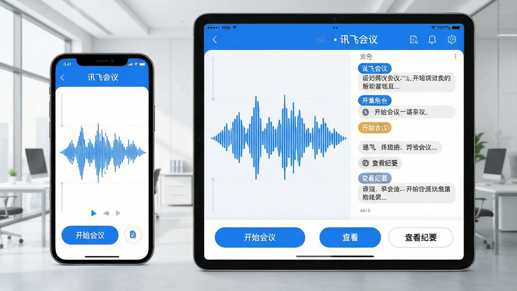 һ��չʾ��Ѷ�ɻ��顱APP���ֻ���ƽ��ͬʱ���еĸ����Ʒͼ��������Ϊʵʱ����תдҳ�棬�������������ɫ����ͼ���Ҳ��Ƿֽ�ɫ��ע�ĶԻ��ı����ײ��С���ʼ���顱���鿴��Ҫ��������Ŀ��ť������Ϊ�����ִ��칫�ҳ���������ƽ����UI������Ϊ��ɫ����ϸ��Բ�󣬻��ʸɾ��޶���Ԫ��