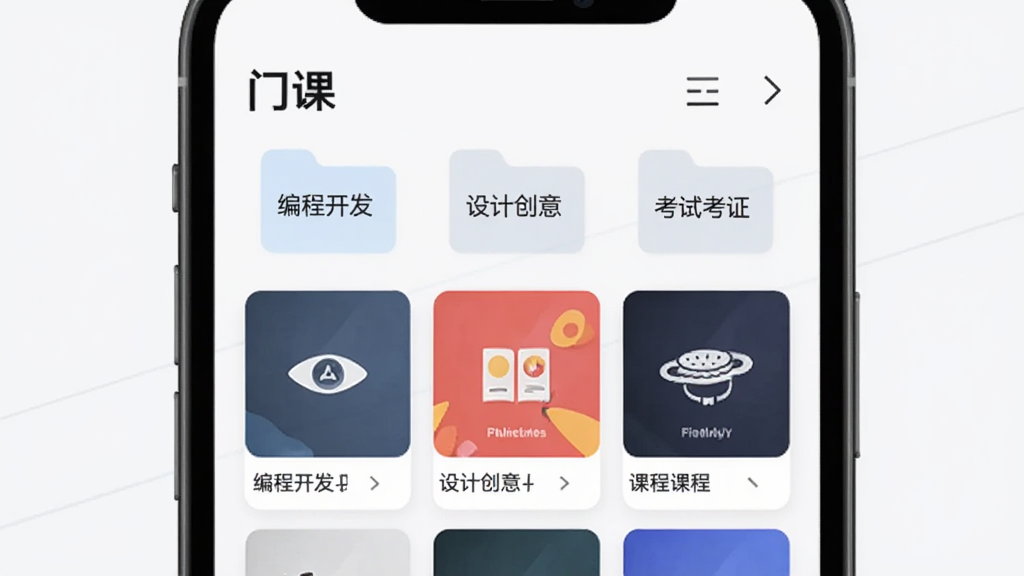 ͼƬ������һ��չʾ�γ��б����ֻ�Ӧ�ý��棬��Ļ����ʾ���ſΡ�App�Ŀγ̷���ҳ�棬�С���̿���������ƴ��⡱�����Կ�֤�����ļ��б�ǩ���·��Ǵ�����ͼ�Ŀγ̿�Ƭ���������룬����Ϊǳɫ�����ʸɾ����޶���Ԫ�أ�������ִ���