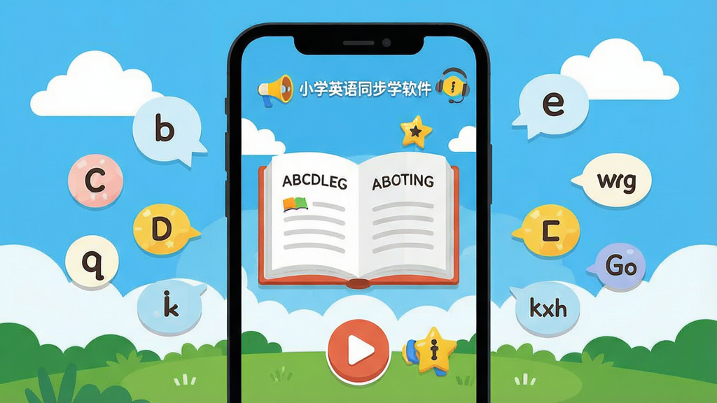 һ����ƽ�����Ĳ廭��������<b>СѧӢ��ͬ��ѧ����</b>��APP���棬��Ļ������һ���򿪵�Ӣ��α����Ա��в��Ű�ť��С����ͼ�꣬������������ƺ���ɫ�Ĳݵأ���26��Ӣ����ĸ�ͼ򵥵�������Ʈ�������岼�־��У��Ű���ˬ�����������죬ϸ�ڰ������������ǽ���Ԫ�أ����ʸɾ��޶���Ԫ�ء�
