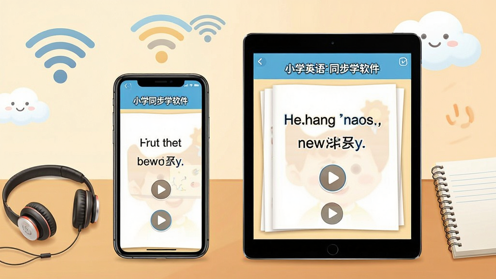 һ����ѧ�����Ĳ廭��������һ���ֻ���һ��ƽ�岢�Űڷţ���Ļ����ʾ<b>СѧӢ��ͬ��ѧ����</b>�Ŀα�������棬�Ա��ж����ͱʼǱ���������WiFiͼ����ƶ䣬��������ƽ�⣬�Ű����������дʵ��ܰ��ϸ�ڰ�����Ļ�ϵľ��ӺͲ��Ű�ť�����ʸɾ��޶���Ԫ�ء�