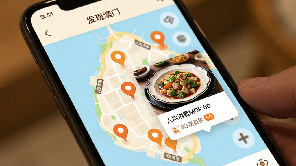 �ֻ���Ļչʾ�����ְ��š�APP����ʳ��ͼҳ�棬��ͼ�Ϸֲ��Ŷ����ʳ��ǵ㣬�������һ������������Ϣ��Ƭ������ʳ��ʵ��ͼ�͡��˾�����MOP 50������������ɫ����ů�����дʵ�����ʸɾ��޶���Ԫ��