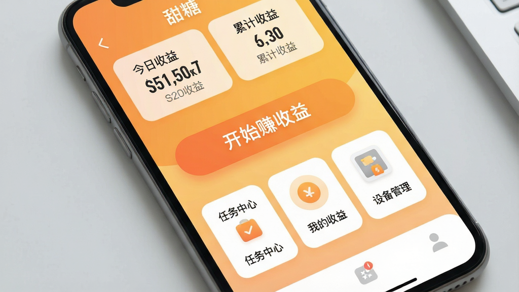 һ�������ֻ���Ļ��д����Ļ������ʾ�����ǡ�App�����棬������Ƽ���ִ�������ů�ĳȻ�ɫ����Ϊ��ɫ����������ʾ�����������ֺ��ۼ����棬�м�����Ŀ�ġ���ʼ׬���桱��ť���·��ֲ��š��������ġ������ҵ����桱�����豸�������������ܿ�Ƭ���������ƽ����ϸ��Բ�󣬱���Ϊǳ��ɫ���棬���ʸɾ��޶���Ԫ�ء�