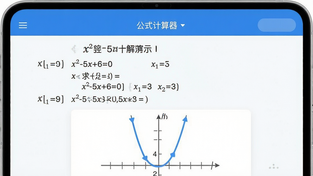 һ��Ӧ�ù�����ʾͼ�������ǡ���ʽ�������������������棬��Ļ����ʾ�ŷ��̡�x^2-5x+6=0���Լ�������x1=2��x2=3����ϸ���裬�·��������ߺ���ͼ�񣬽����԰�ɫ����ɫΪ��������������������ִ���ͼ��ƽ�����������ʸɾ��޶���Ԫ�ء�