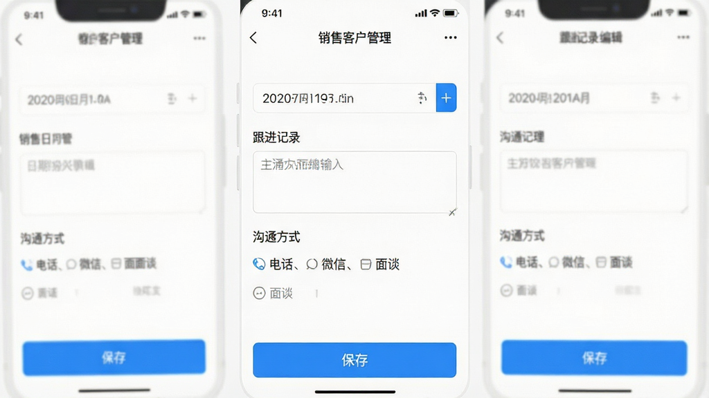 һ���ֻ�APP���ܽ�ͼ����Ļ����ʾ�����ۿͻ��������ĸ�����¼�༭ҳ�棬������ѡ��������������򡢹�ͨ��ʽѡ��绰��΢�š���̸���ͱ��水ť�������࣬�����������԰�ɫ����Ϊ����������ɫ��ť�����ʸɾ��޶���Ԫ�ء�