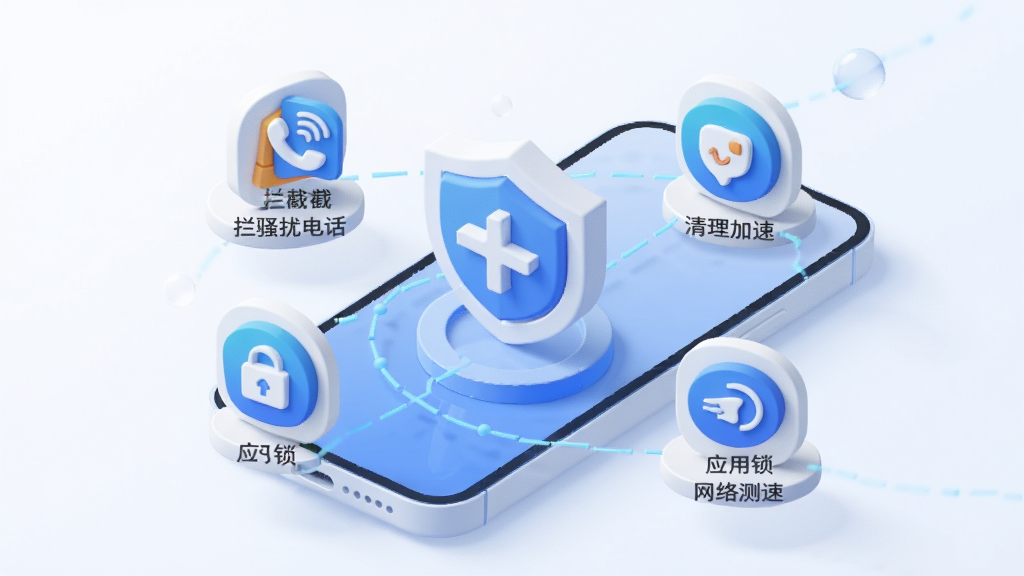 һ��չʾһ·�ػ�App���Ĺ��ܵ�3D����ͼ���ֻ���Ļ������ʾ�������ͼ�꣬��Χ����������ɧ�ŵ绰���������١�Ӧ������������ٵ�Сͼ�꣬���岼��ƽ�⣬���Ƽ��������£�������ɫ�������ʸɾ��޶���Ԫ�ء�