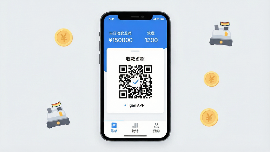 ����һ��չʾ����APP���Ĺ��ܵ�����ͼ������Ϊһ�������ֻ���Ļ��ʾ���������棬���������ִ���������ɫ��������ʾ�������տ��ܶ�͡����������м�����Ŀ���տ��ά�룬�ײ����С��˵�������ͳ�ơ������ҵġ�����ѡ�������Ϊ���ŵ�ǳ��ɫ������һЩ��Һ���������Сͼ��Ԫ�ء��Ű���У�����ƽ����ϸ��Բ�󣬻��ʸɾ��޶���Ԫ�ء�
