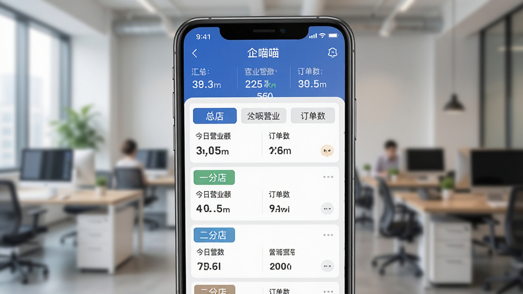 ����һ��չʾ�������ŵ�������ܵĽ����ͼ������Ϊ�ֻ���Ļ��ʾ����APP���ŵ��б�ҳ�棬�������ܵꡱ����һ�ֵꡱ�������ֵꡱ�ȱ�ǩ��ÿ���ŵ��·���ʾ����Ӫҵ��Ͷ����������涥���л������ݡ�����Ϊģ���İ칫�������Ű�����������ִ���ϸ�ڷḻ�����ʸɾ��޶���Ԫ�ء�