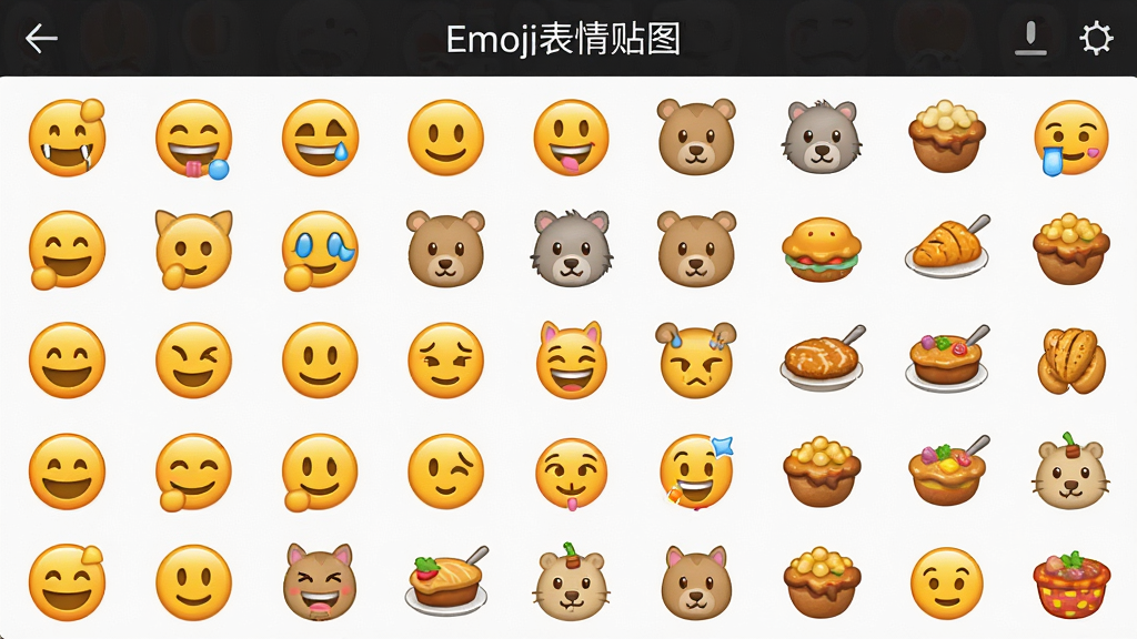 һ��չʾ�ֻ�Ӧ�á�Emoji������ͼ������������Ľ�ͼ����Ļ����������ʽչʾ����Emoji�������ֽ������Ц�������ʳ��ȣ�ɫ�����ޣ��������룬����ƽ�������ʸ��壬�޶���Ԫ�ء�