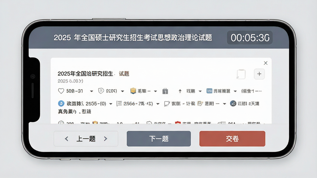 ��������app������ģ�����棬��Ļ�����ǡ�2025��ȫ��˶ʿ�о�����������˼�������������⡱����ҳ�棬���Ͻ���ʾ����ʱ�������·��С���һ�⡱����һ�⡱����������ť��������������ʽ������Ϊǳ��ɫ�����ʸɾ�
