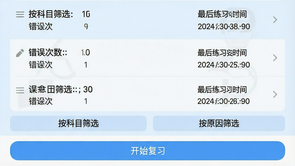 һ�ſ�������app�Ĵ��Ȿ�����ͼ���б����������⣬ÿ����ʾ������������͡������ϰʱ�䡱���·��С�����Ŀɸѡ���͡���ԭ��ɸѡ����ť���ײ��ǡ���ʼ��ϰ����ť������Ϊǳ��ɫ�����ʸɾ��޶���Ԫ��