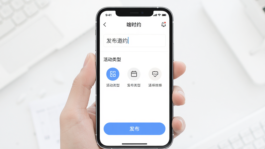 չʾ��ɶʱԼ��APP����Լ�������棬�������ֻ����棬�Ϸ��С�������Լ����������м��ǻ����ѡ��ͼ�꣬�ײ��С���������ť��������������������������ʸɾ��޶���Ԫ�ء�
