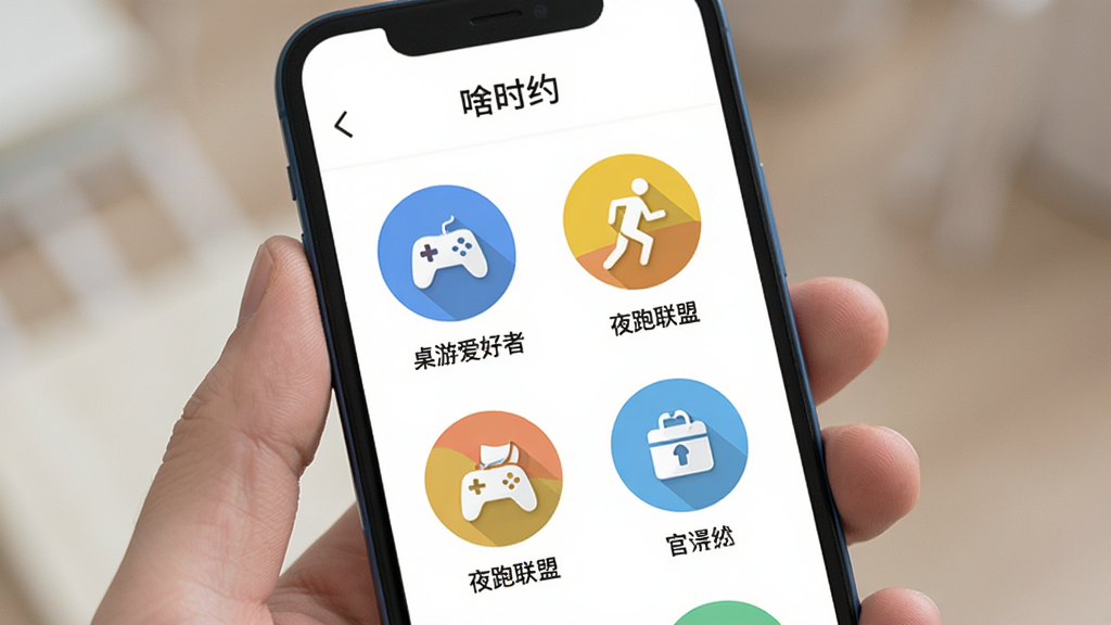չʾ��ɶʱԼ��APP����ȤС���б�ҳ�棬�������ֻ���Ļ����Ļ����ʾ���Բ��ͼ���С�����ƣ��硰���ΰ����ߡ�����ҹ�����ˡ��ȣ��������룬�����ˬ��ɫ�����죬���ʸɾ��޶���Ԫ�ء�