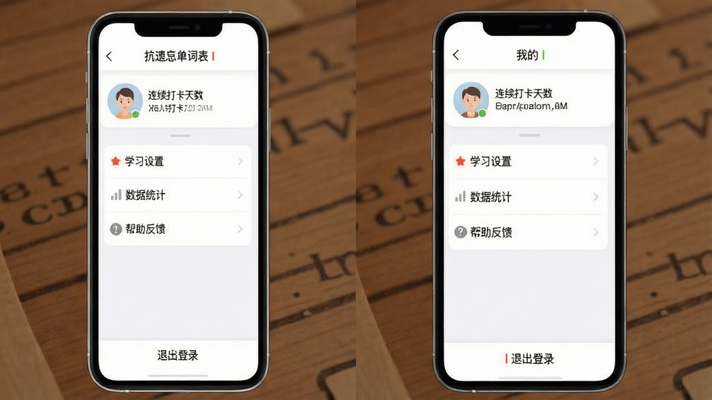 ���壺���������ʱ�App�ġ��ҵġ�ҳ���ͼ�����֣��������û�ͷ����������������м��ǡ�ѧϰ���á���������ͳ�ơ����������������Ȳ˵���ײ��ǡ��˳���¼�����Ű棺�б�ʽ���֣�������ˡ���񣺰�ɫ������ͼ��������ͣ�����ɾ���ϸ�ڣ�ҳ�涥����ʾ�����������ʱ������˵����κκ��������ʶ�����ʣ��������ȣ�������Ԫ�ء�