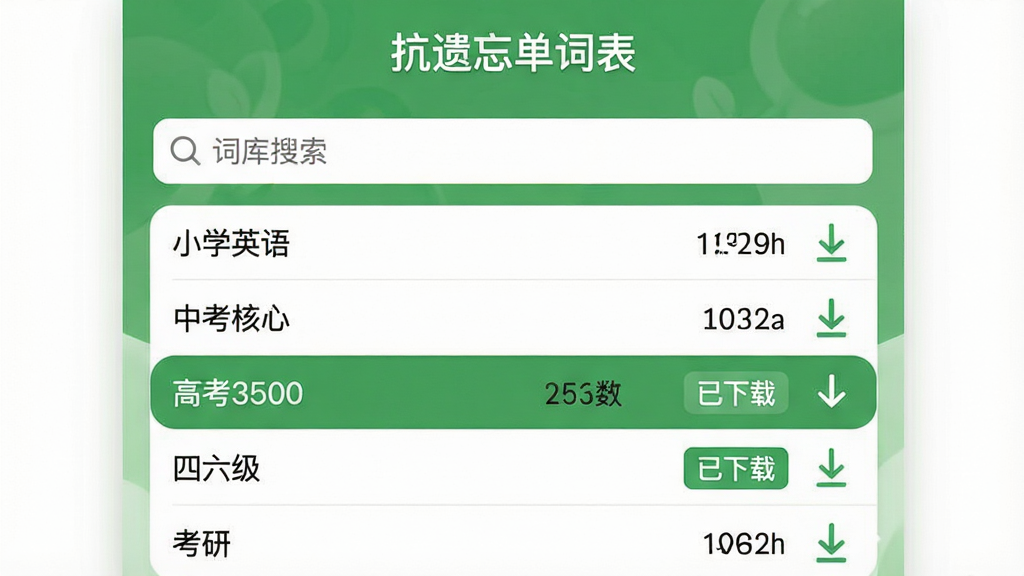 ���壺���������ʱ�App�ġ��ʿ���������档���֣��Ϸ�Ϊ�������·�Ϊ�ʿ��б���������СѧӢ������п����ġ������߿�3500���������������������С��ȣ�ÿ���ʿ��Ҳ������ؼ�ͷ���Ű棺�б����������д���ͳ�ơ������ɫ���������˰��ĸС�ϸ�ڣ���ǰѡ�еĴʿ��С������ء���ǩ��ҳ�涥���С����������ʱ������������ʣ��������޶���װ�Ρ�