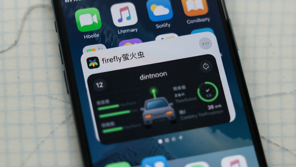 һ��չʾ��fireflyө��桱App���ֻ���̨����ʱ�Ľ����ͼ���ֻ���Ļ��ʾ��������б������С�fireflyө��桱��Ƭ����ʾ��ģ���ĳ���״̬���棬����Ϊ�ֻ�ϵͳ���棬ͼ���������룬������ʵ��������ͣ����ʸɾ����ص�ͻ��App�ں�̨��������״̬��