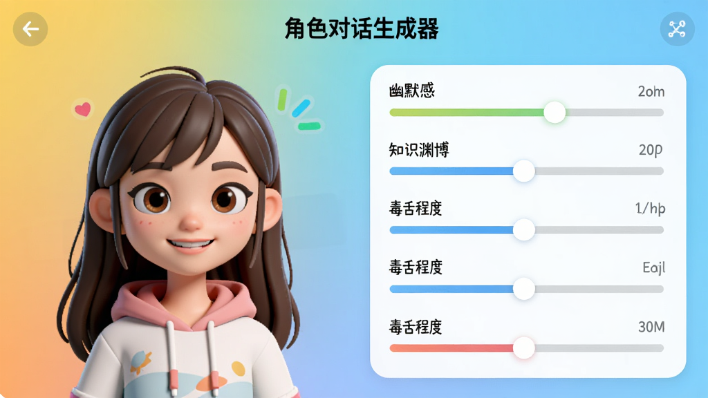 չʾ����ɫ�Ի���������APP�ڲ��Ľ�ɫ�༭ҳ�棬�����3D��ͨ��Ů�İ������Ҳ��Ǹ��ֲ������飬�硰��Ĭ�С�����֪ʶԨ������������̶ȡ��ȣ�������Ƽ��ֱ�ۣ�ɫ�����죬�����Ǹɾ��Ľ���ɫ�����ʸɾ��޶���Ԫ�أ�ǿ�����Ի��ʹ������ķ�Χ