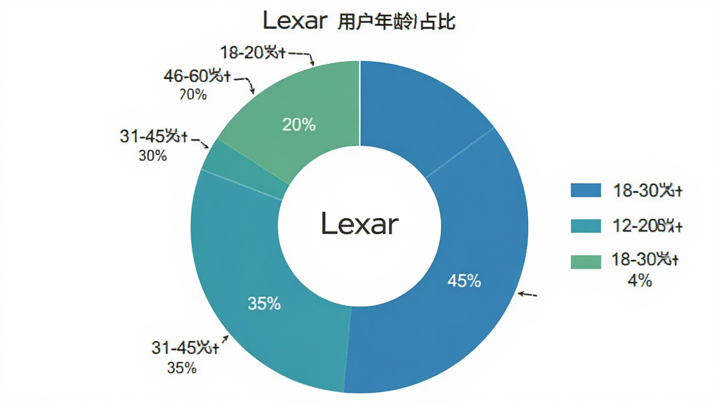һ������ֲ���״ͼ������չʾ��Lexar���û�����ռ�ȣ�������Բ��ͼ���֣�18-30��ռ45%��31-45��ռ35%��46-60��ռ20%���Ű���ͼ����ٷֱȱ�ǩ����������ݿ��ӻ���ϸ��������ɫ���֣����ʸɾ��޶���Ԫ��