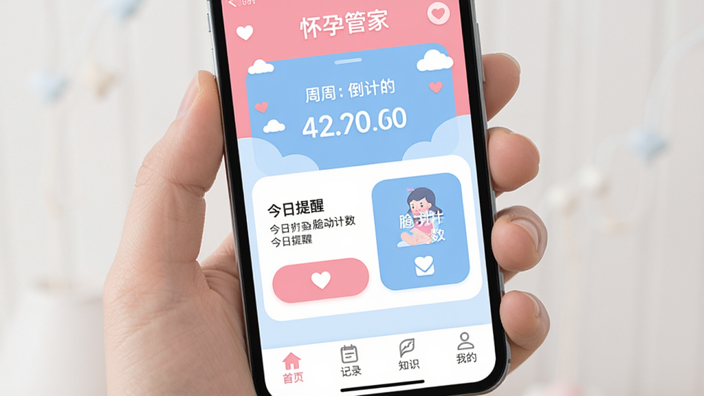 ͼƬ���ɣ������������ֻ���Ļչʾ�����йܼҡ�APP�������棬���涥����ʾ���ܺ͵���ʱ���м��н������Ѻ�̥��������ť���ײ��ǡ���ҳ����¼��֪ʶ���ҵġ��ĸ���ǩ�����岼�ֱ�ƽ���������ܰ�ɰ�������ɫ����ϸ�ڰ���С�ƶ�Ͱ���ͼ�꣬���ʸɾ��������޶���Ԫ�ء�