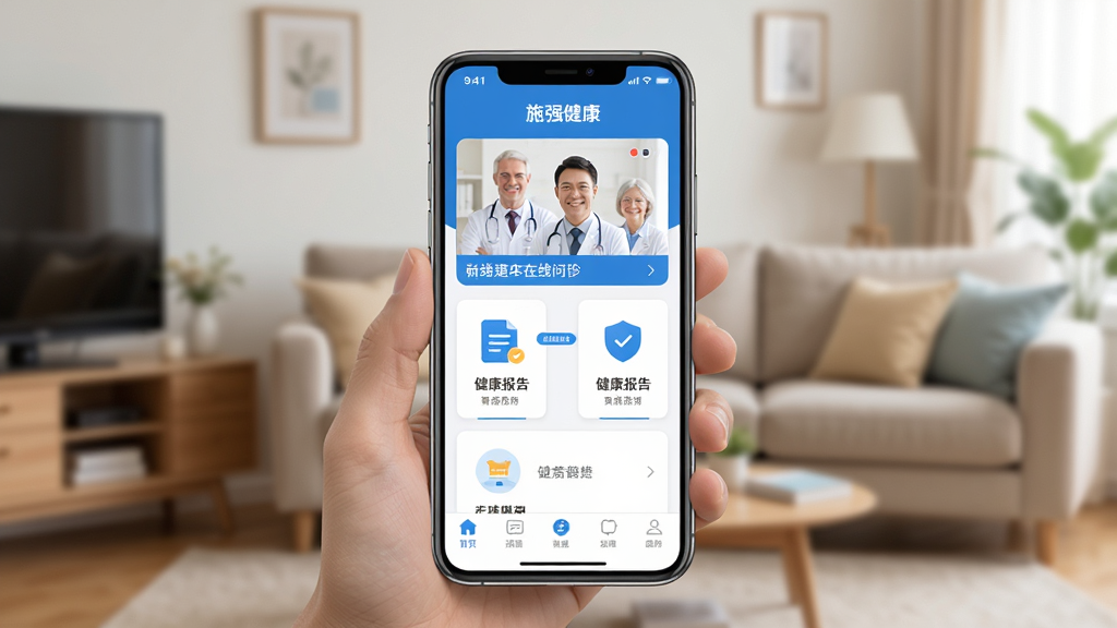 ͼƬ���������������ֻ���Ļչʾ��ʩǿ������APP�����棬����������ɫ�����沼���������Ϸ���ʾҽ���������ﴰ�ڣ��в��н���������ͼ�꣬�ײ���������������������ܰ�ļ�ͥ���������������Ȼ��ϸ�ڷḻ�����ʸɾ��޶���Ԫ��