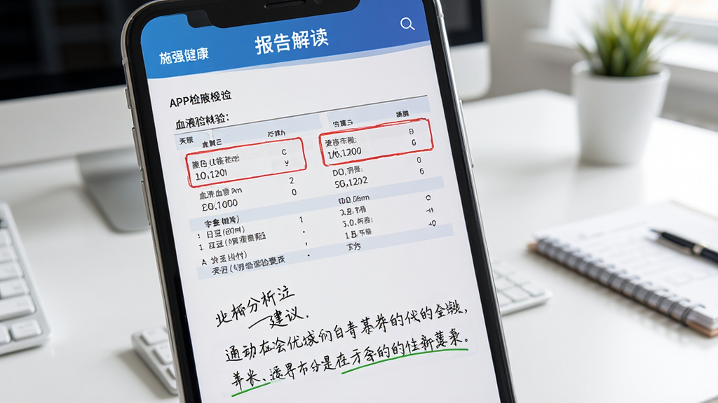 ���������ǡ�ʩǿ������APP������ҳ�棬��Ļ��չʾһ��ѪҺ���鱨�浥���ص�ָ���ú�������·���ҽ����д���ķ������飬�����Ǹɾ������İ칫�������дʵ�����ʸɾ��޶���Ԫ��