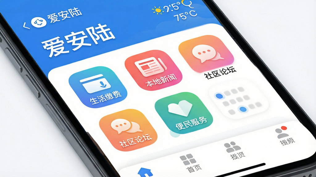 ��������Ϊ�����ֻ���Ļ��д����Ļ������չʾ������½��APP�������棬������ʾ������½��������������Ϣ���в������š�����ɷѡ������������š�����������̳������������񡱵Ȳ�ɫԲ��ͼ�꣬�ײ�Ϊ�����������岼���������Ű����룬����ִ���ƽ������ɫ�Ͱ�ɫΪ��ɫ����ϸ��Բ�󣬻��ʸɾ��޶���Ԫ�ء�