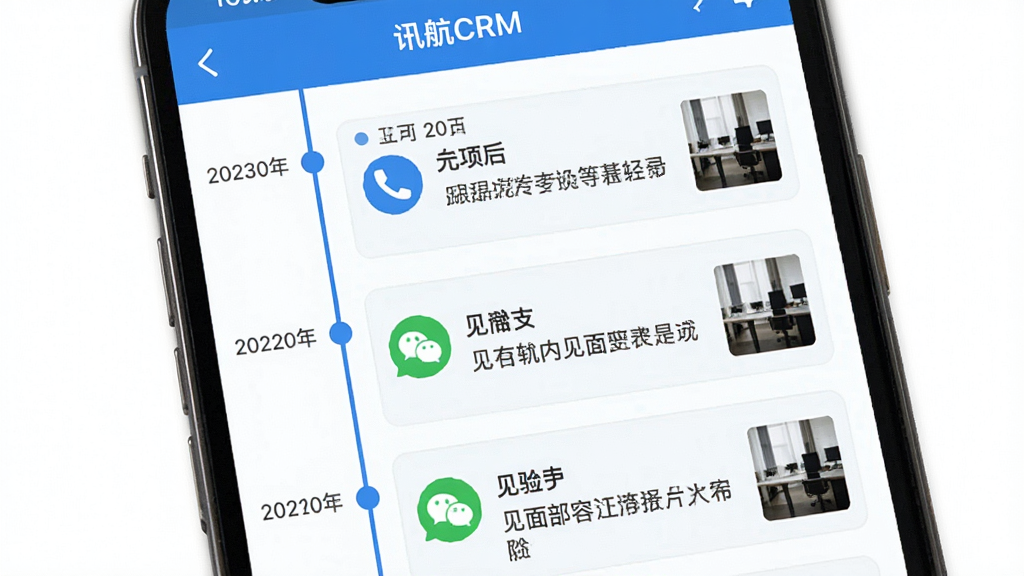 һ���ֻ���Ļ��ͼ����Ļ��ʾ��Ѷ��CRM���ĸ�����¼ʱ���ᣬ��ʱ��Ϊ���������У�ÿ����¼�������ڡ�������ʽͼ�꣨�绰��΢�š����棩������ժҪ�͸�������ͼ��ʱ�����������������ּ�࣬������ɫ����ƽ����ƣ����ʸɾ����޶���Ԫ��