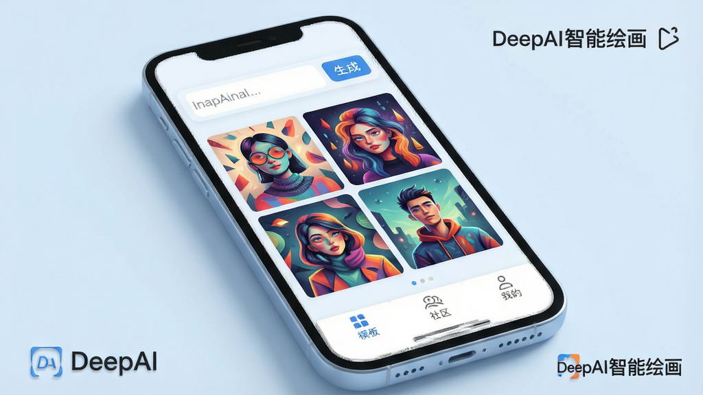 һ��չʾ�ֻ���Ļ��3D��Ⱦ��������Ļ����DeepAI���ܻ滭App�������棬���������ִ����԰�ɫ�͵���ɫΪ����������ʾ�����͡����ɡ���ť���м�չʾ���ŷ������AI���ɻ������ײ��С�ģ�塱���������������ҵġ�������ǩ�����岼�����������ʸɾ��޶���Ԫ�أ����С�DeepAI���ܻ滭������